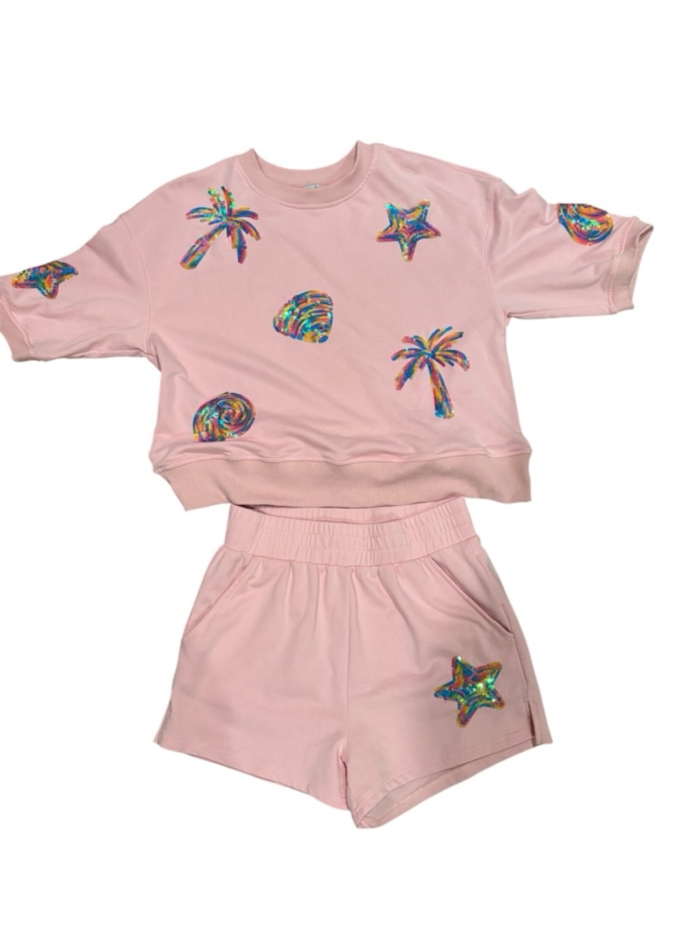 White Birch Sequined Pink Ribbed Crewneck Top and Short Set